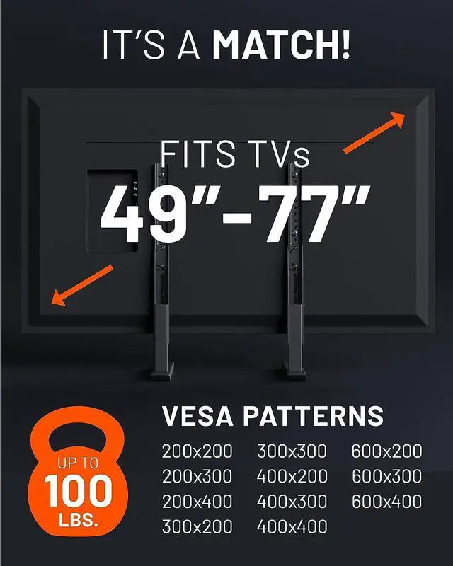 Alt view image 4 of 7 - Universal Large Stand - Height Adjustable Base for TVs Up to 77" - Wobble-Free Replacement Stand Works w/Any TV Including Vizio, TCL, Samsung & More - Flat Design Compatible w/Soundbars