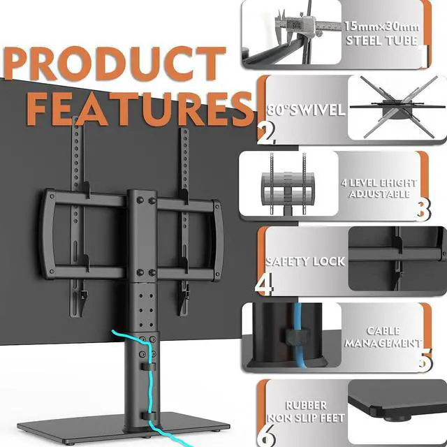Alt view image 4 of 7 - Universal Swivel/Table Top TV Stand 27 to 60 inch TVs 80 Degree Swivel, 4 Level Height Adjustable, Heavy Duty Tempered Glass Base, Holds up to 99lbs Screens, HT04B-001