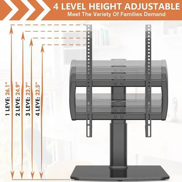 Alt view image 5 of 7 - Universal Swivel/Table Top TV Stand 27 to 60 inch TVs 80 Degree Swivel, 4 Level Height Adjustable, Heavy Duty Tempered Glass Base, Holds up to 99lbs Screens, HT04B-001