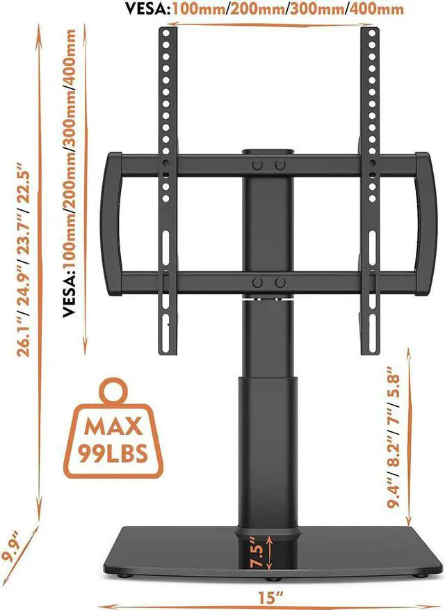 Alt view image 6 of 7 - Universal Swivel/Table Top TV Stand 27 to 60 inch TVs 80 Degree Swivel, 4 Level Height Adjustable, Heavy Duty Tempered Glass Base, Holds up to 99lbs Screens, HT04B-001