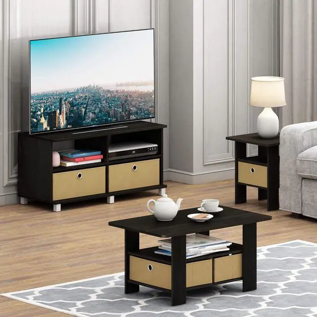 Alt view image 6 of 6 - Furinno Andrey Set of 2 End / Side Table / Night Stand / Bedside Table with Bin Drawer, Espresso