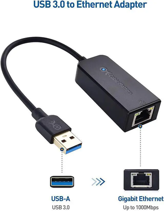 Alt view image 2 of 7 - Cable Matters USB to Ethernet Adapter (USB 3.0 to Ethernet, USB 3 to Ethernet, USB to Gigabit Ethernet, USB to RJ45) Supporting 10/100/1000 Mbps Ethernet Network in Black
