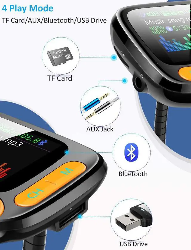 Alt view image 3 of 7 - TSNAM Bluetooth FM Transmitter Car Adapter,Support Wireless Handsfree Call and MP3 Music/APP Audio Play,1.8" Color Screen,3 USB Charger,3.5mm AUX Port,Compatible with iPhone,iPad,Samsung and More