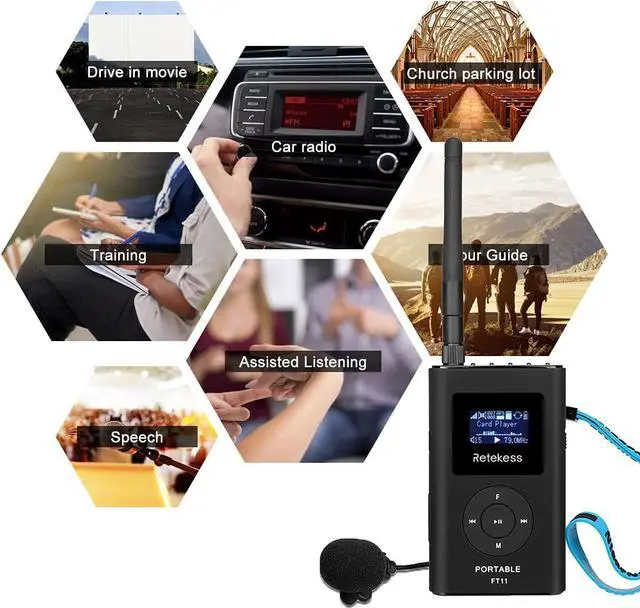 Alt view image 5 of 7 - FT11 FM Transmitter,Portable FM Broadcast Transmitter for Church with Microphone, Rechargeable FM Radio Stereo Station for Drive-in Movie,Parking Lot,Support TF Card AUX Input
