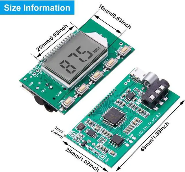 Alt view image 2 of 6 - 2 Pieces Digital FM Transmitter Module Stereo FM Transmitter DSP PLL 76.0-108.0MHz Stereo Frequency Modulation with LCD Display Line/USB/Mic Input, DC 3.0V - 5.0V