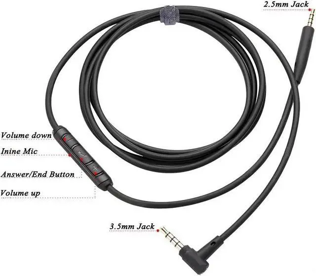 Alt view image 4 of 6 - Replacement Aux Extension Cable Cord Wire for  QuietComfort QC25 QC35 Sound Link SoundTrue On Ear Headphones with in Line Mic Volume Control (Black)