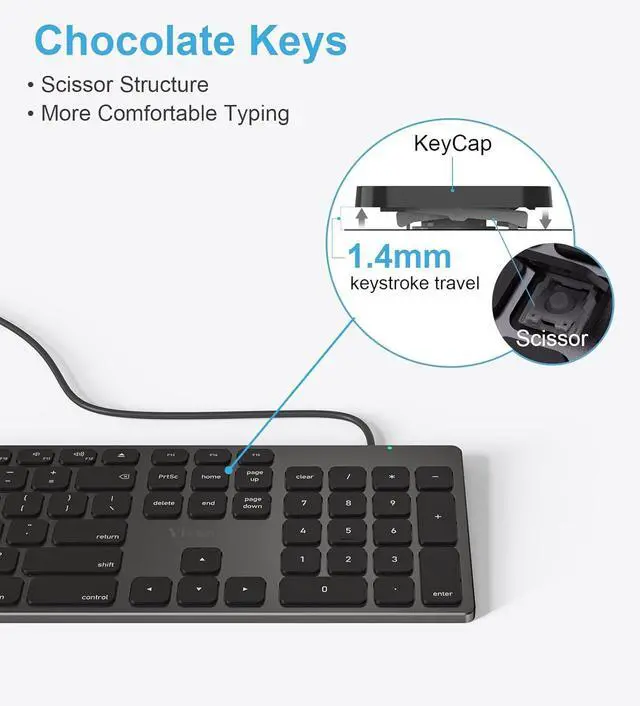 Alt view image 7 of 7 - Aluminum Wired Keyboard for Apple MAC Computer/iMac and MacBook Pro Notebook, 180CM Cable Connection USB Keyboard with Numerical Keypad Work as Magic Keyboard-Black