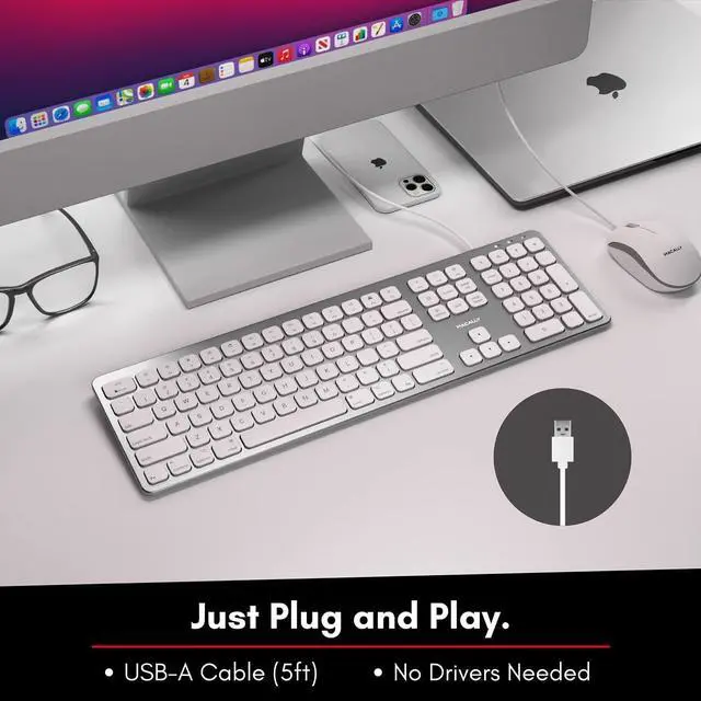 Alt view image 4 of 7 - Macally USB Wired Keyboard for Mac - Compatible Apple Keyboard with USB Ports for Mouse - Full-Size Mac Keyboard with Number Pad - Plug & Play for MacBook Pro/Air, iMac - Aluminum Frame