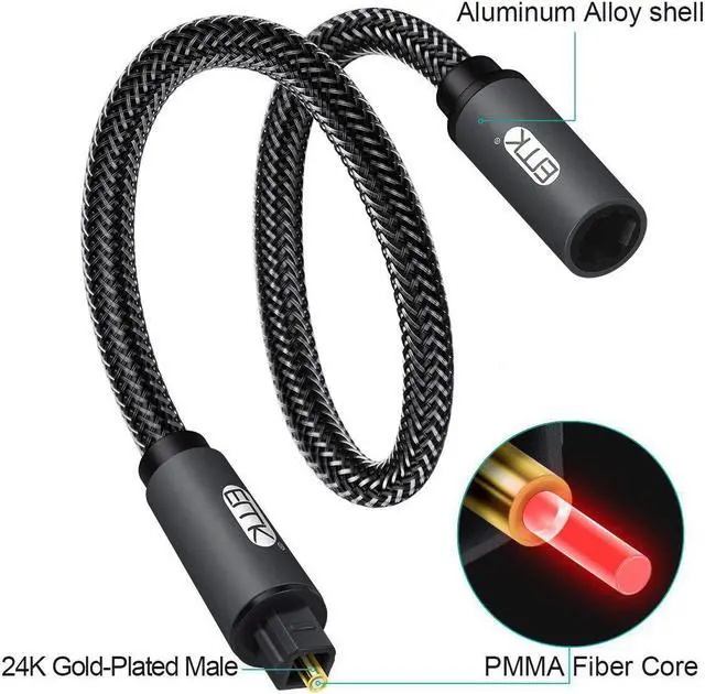 Alt view image 3 of 7 - EMK Optical Extension Cable Male to Female Coupler Cord Nylon Braided Jacket 24K Gold-Plated Fiber Digital Extension Adapter Cable for Home Theater Sound bar TV PS4 Xbox 3.3ft