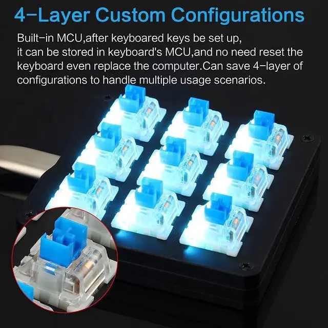 Alt view image 5 of 7 - One Handed Macro Mechanical Keyboard Blue LED Backlit Portable Mini One-Handed Mechanical Gaming Keypad OSU! Keyboard 9 Fully Programmable Keys Black/Blue Switches/Blue LED
