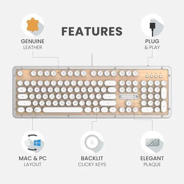 Alt view image 6 of 7 - Azio Retro Classic USB (Maple)- Wired Backlit Vintage Maple Wood Mechanical Keyboard for PC (MK-RETRO-W-02-US)