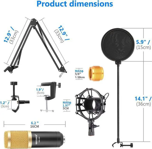 Alt view image 2 of 7 - Neewer Professional Studio Broadcasting Recording Condenser Microphone & NW- 35 Adjustable Recording Microphone Suspension Scissor Arm Stand with Shock Mount and Mounting Clamp Kit