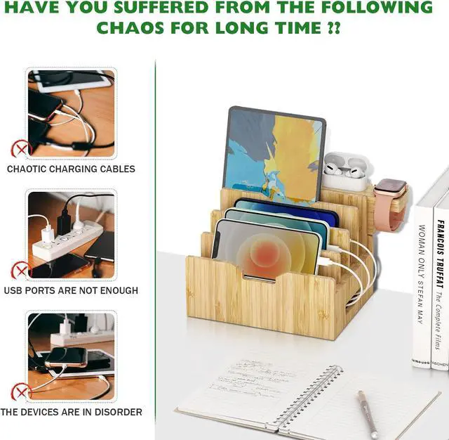 Alt view image 7 of 7 - Bamboo Charging Station forMultipleDevices with Integrated Watch & Earbuds Stand, Desktop Charging Docking Station Organizer for Cell Phone, Tablet, 5 Charging Cables IncludedNo Power Supply