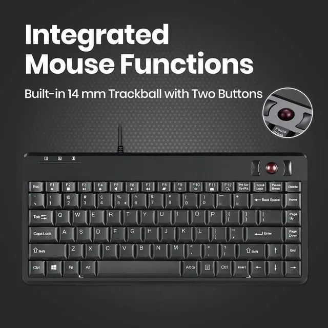 Alt view image 4 of 7 - Perixx PERIBOARD-505H Wired Mini Keyboard with Built-in Trackball, 0.55 Inch Trackball and 2 USB Hubs, Black, US English Layout