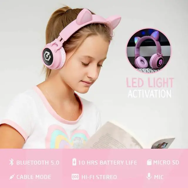 Alt view image 2 of 7 - PowerLocus Kids Cat Ear Headphones, Bluetooth 5.3 Wireless, LED Lights, Safe Volume Limit, Micro SD/TF, for iPad, Tablet, Travel (Pink)