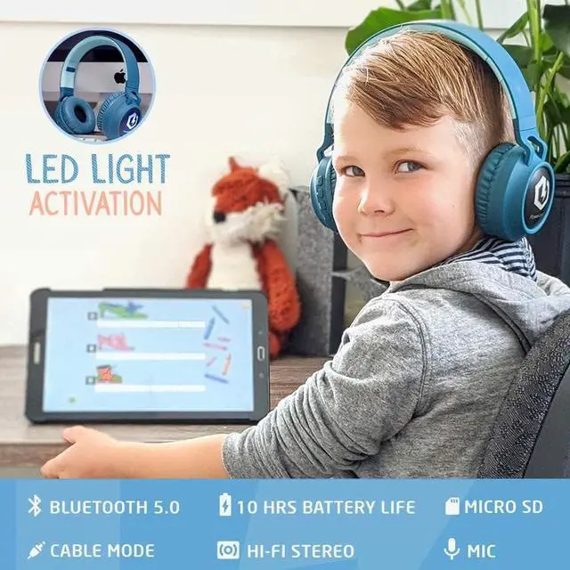Alt view image 2 of 7 - PowerLocus Headphones for Kids, Bluetooth Headphones, Kid Headphone Over-Ear with LED Lights, Foldable Headphones with Microphone,Volume Limited, Wireless and Wired Headphone for Phones,Tablets,PC,TV