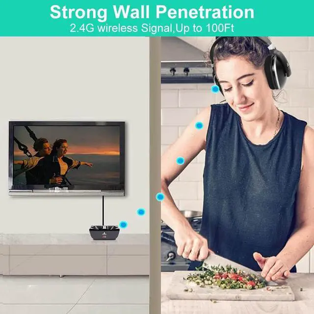 Alt view image 5 of 7 - MONODEAL Wireless TV Headphones, Over Ear Headsets for TV Watching with Charging Dock, 2.4GHz RF Transmitter, 100ft Wireless Range and Rechargeable 20 Hour Battery, Black