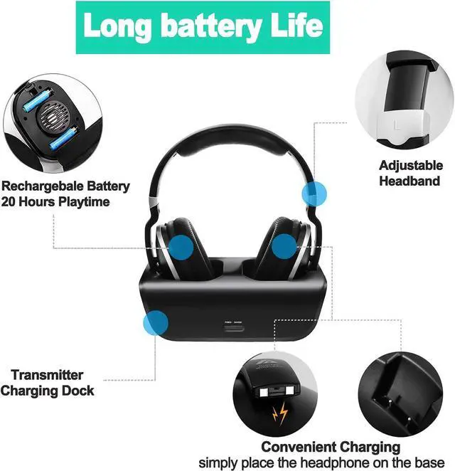 Alt view image 6 of 7 - MONODEAL Wireless TV Headphones, Over Ear Headsets for TV Watching with Charging Dock, 2.4GHz RF Transmitter, 100ft Wireless Range and Rechargeable 20 Hour Battery, Black