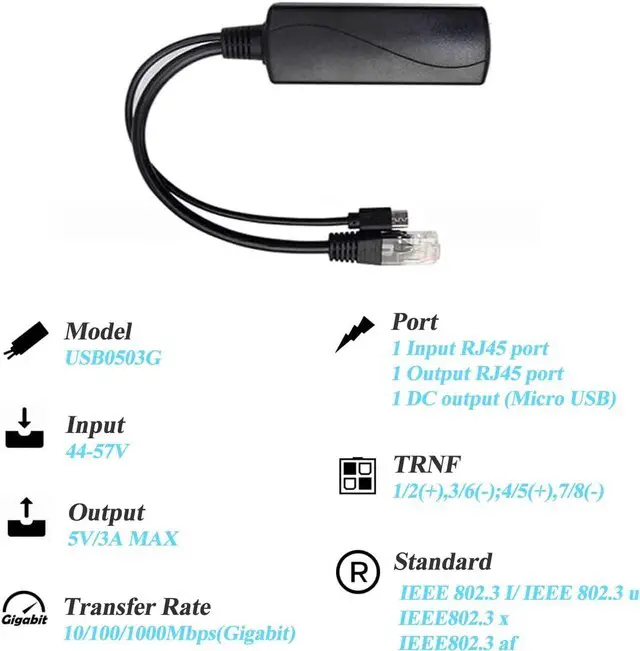 Alt view image 3 of 6 - Gigabit Micro USB PoE Splitter 5V 3A, IEEE 802.3af/at Standard 10/100/1000Mbps for Raspberry Pi 4, Tablets, Dropcam Power Over Ethernet USB Splitter Adapter (USB0503G Black)