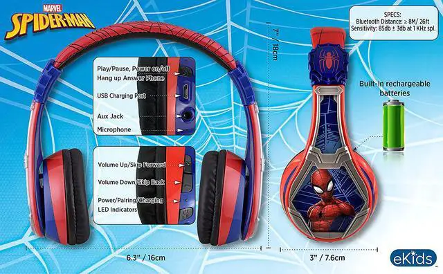 Alt view image 5 of 6 - eKids Spiderman Wireless Bluetooth Portable Headphones with Microphone, Volume Reduced to Protect Hearing Rechargeable Battery, Adjustable Kids Headband for School Home or Travel