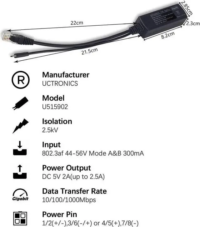 Alt view image 4 of 6 - UCTRONICS PoE Splitter Gigabit 5V - Micro USB Power and Ethernet to Raspberry Pi 3B+, Work with Echo Dot, Most Micro USB Security Camera and Tablet - IEEE 802.3af Compliant
