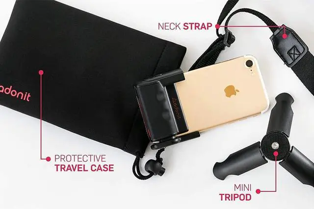 Alt view image 4 of 4 - Adonit Photogrip (Black) Shutter Remote Bluetooth Selfies Included Tripod, Travel Case, Mini Stylus. Smartphone HandGrip Camera Stable Shots for iPhone, Android, Samsung, LG, Google Pixel, HTC