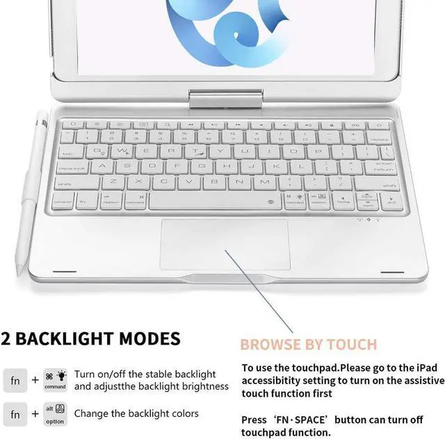 Alt view image 3 of 7 - ONHI New iPad 10.2 9th Gen Keyboard Case, Touchpad Keyboard Case for 10.2" iPad 8th &7th Gen, Air 3, iPad Pro 10.5,360° Rotation Protective Keyboard Case with Color Backlight, Slim Cover (Silver)