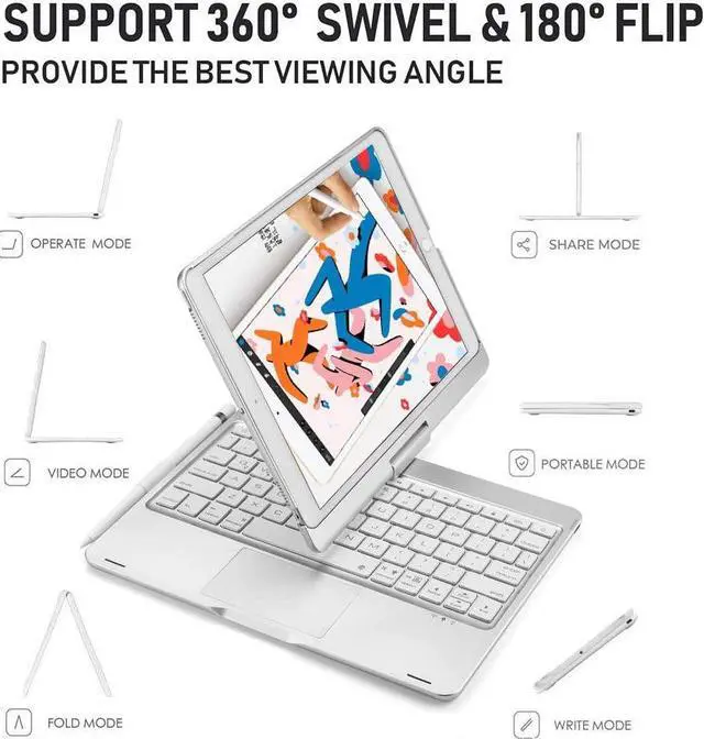 Alt view image 4 of 7 - ONHI New iPad 10.2 9th Gen Keyboard Case, Touchpad Keyboard Case for 10.2" iPad 8th &7th Gen, Air 3, iPad Pro 10.5,360° Rotation Protective Keyboard Case with Color Backlight, Slim Cover (Silver)
