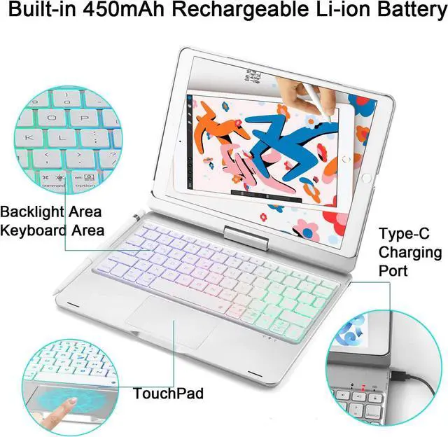 Alt view image 5 of 7 - ONHI New iPad 10.2 9th Gen Keyboard Case, Touchpad Keyboard Case for 10.2" iPad 8th &7th Gen, Air 3, iPad Pro 10.5,360° Rotation Protective Keyboard Case with Color Backlight, Slim Cover (Silver)