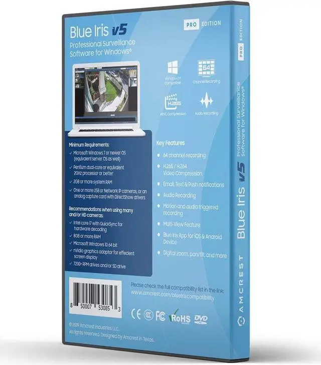 Alt view image 2 of 3 - Amcrest Blue Iris Professional Version 5 - Supports Many IP Camera Brands Including Amcrest, Zone Motion Detection, H.265 Compression Recording, E-Mail and SMS Text Messaging Alerts!(BLUEIRISCD-V5)