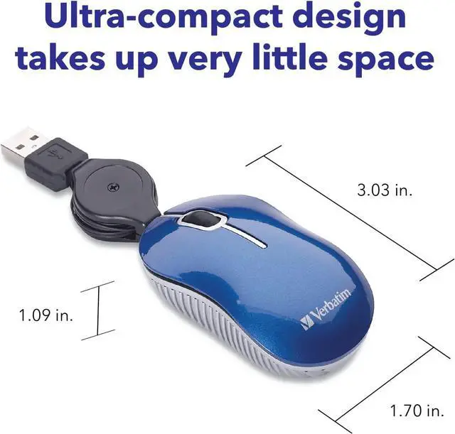 Alt view image 3 of 7 - Wired Optical Computer Mini USB-A Mouse - Plug & Play Corded Small Travel Mouse with Retractable Cable  Blue 98616