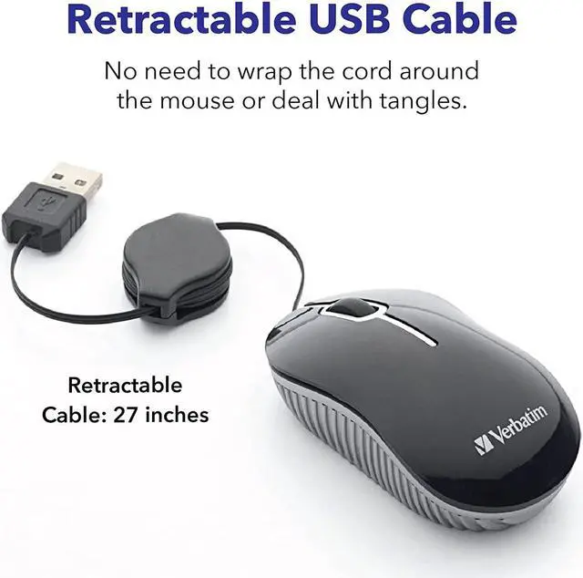 Alt view image 4 of 7 - Wired Optical Computer Mini USB-A Mouse - Plug & Play Corded Small Travel Mouse with Retractable Cable  Blue 98616