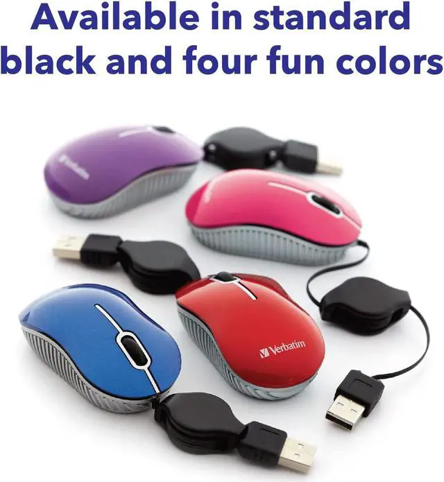 Alt view image 7 of 7 - Wired Optical Computer Mini USB-A Mouse - Plug & Play Corded Small Travel Mouse with Retractable Cable  Blue 98616