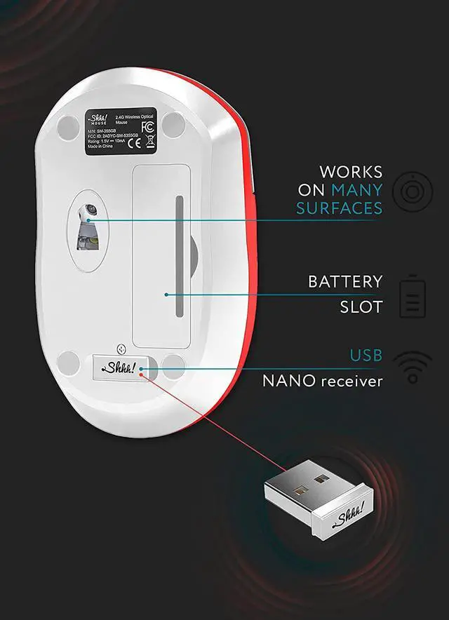 Alt view image 7 of 7 - Wireless Silent Optical Mouse with USB Receiver and Batteries  Cordless, Portable, Quiet Click Mouse for PC, Laptop, Chromebook, Computer