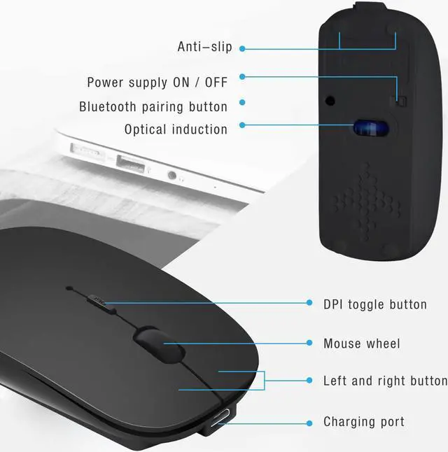 Alt view image 3 of 7 - Bluetooth Mouse for Laptop/iPad/iPhone/Mac(iOS 13.1.2 and Above)/Android PC,Wireless Mouse Slim USB Rechargable Quiet Mice Compatible with Windows/Linux/Notebook/Mac/MacBook Air,Black