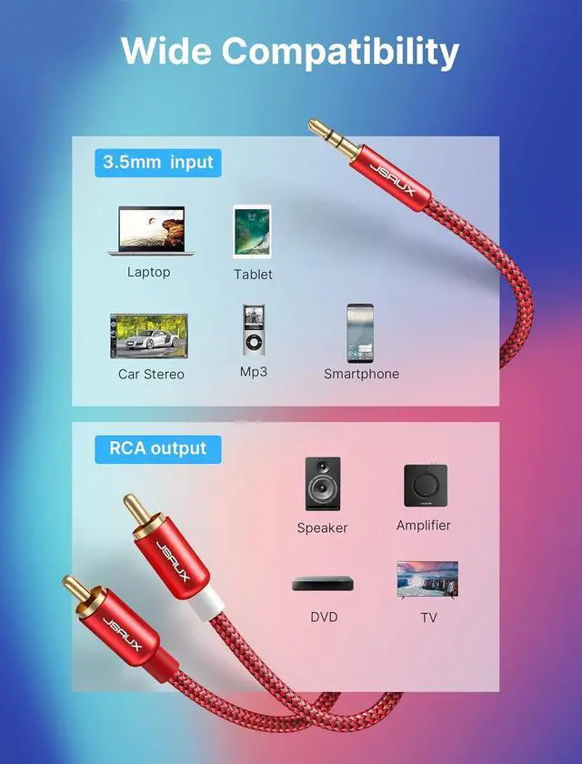 Alt view image 5 of 7 - 6.6ft/2M Aux to RCA Headphone Male to Male Jack Adapter Nylon Braided 1/8 to RCA Audio Y Cord for Smartphones, MP3, Tablets, Speakers, HDTV - Red