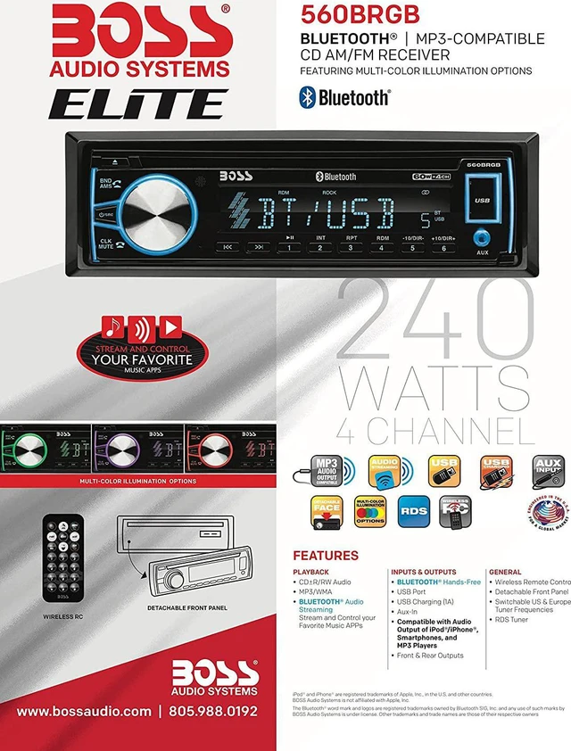 Alt view image 15 of 17 - Boss 560BRGB Single-DIN, CD/MP3 Player Detach Panel Bluetooth