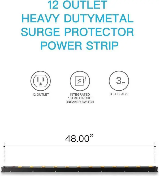 Alt view image 2 of 6 - KMC 12 Outlet Heavy Duty Workshop Metal Power Strip with 3-Foot Long Extension Cord with Circuit Breaker, for Workshop and Industrial use, ETL Certified,Black