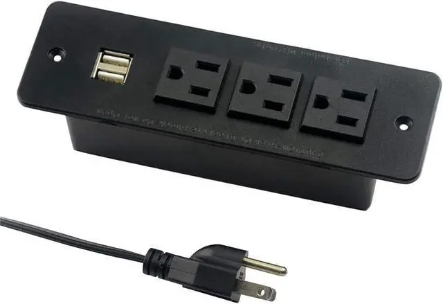 Main image of Conference Recessed Power Strip with USB 3 Outlets 1875W/12amp 2 USB Ports 2.1amp 10ft Power Cord Black