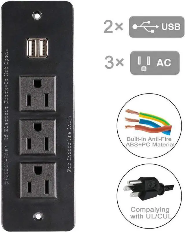 Alt view image 3 of 5 - Conference Recessed Power Strip with USB 3 Outlets 1875W/12amp 2 USB Ports 2.1amp 10ft Power Cord Black