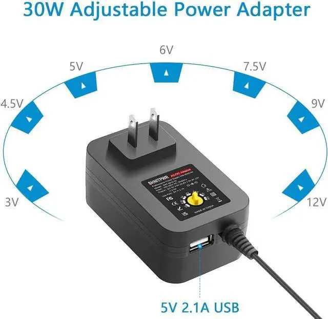Alt view image 2 of 7 - SHNITPWR 30W Universal Power Supply 3V 4.5V 5V 6V 7.5V 9V 12V Adjustable Variable AC/DC Adapter with 5V 2.1A USB Port, 100V-240V AC to DC 3V~12V Converter 0.5A 1A 1.2A 1.5A 2A 2.5A Max with 14 Tips