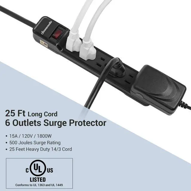 Alt view image 2 of 7 - DEWENWILS 2-Pack Power Strip Surge Protector,25 Ft Extra Long Extension Cord, Low Profile Flat Plug,15 Amp Circuit Breaker, 500 Joules, Wall Mount, Black, UL Listed