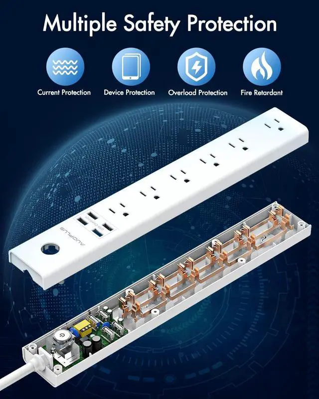 Alt view image 4 of 6 - Power Strip 10Ft - Surge Protector with USB, AUOPLUS 6 Outlet and 4 USB Charger, 10Ft Long Extension Cord Flat Plug(1250W/10A/2100J), Wall Mountable Overload Protection for Computer Home Office Dorm