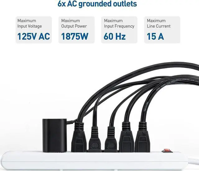 Alt view image 2 of 4 - Cable Matters 2-Pack 6-Outlet Surge Protector Power Strip with USB Ports, 8 ft, ETL Listed, Long Extension Cord, Surge Protector with USB Ports in White