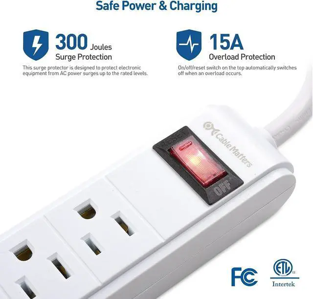 Alt view image 3 of 4 - Cable Matters 2-Pack 6-Outlet Surge Protector Power Strip with USB Ports, 8 ft, ETL Listed, Long Extension Cord, Surge Protector with USB Ports in White