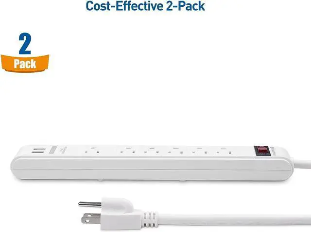 Alt view image 4 of 4 - Cable Matters 2-Pack 6-Outlet Surge Protector Power Strip with USB Ports, 8 ft, ETL Listed, Long Extension Cord, Surge Protector with USB Ports in White
