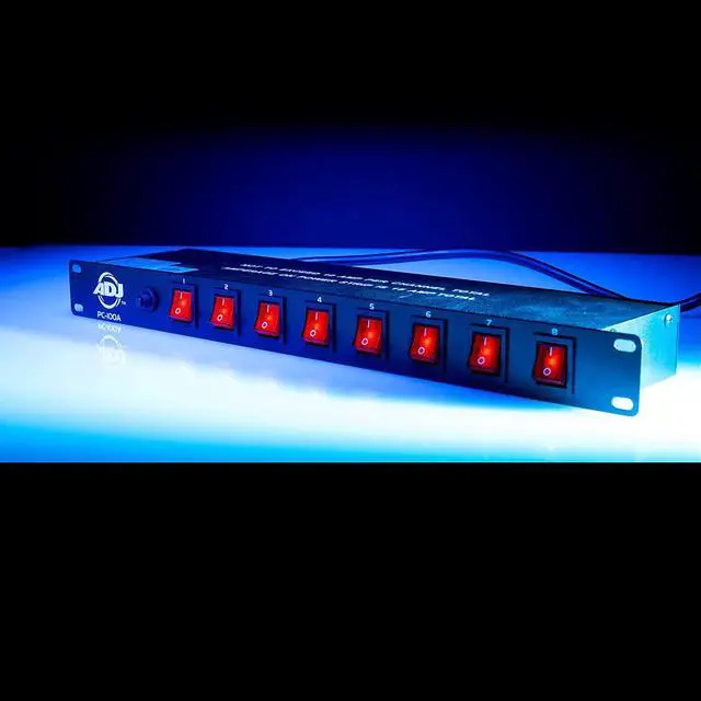 Alt view image 6 of 6 - ADJ PC100A power strip single rack space unit with 8 on off lighted toggle switches and 15 amp breaker