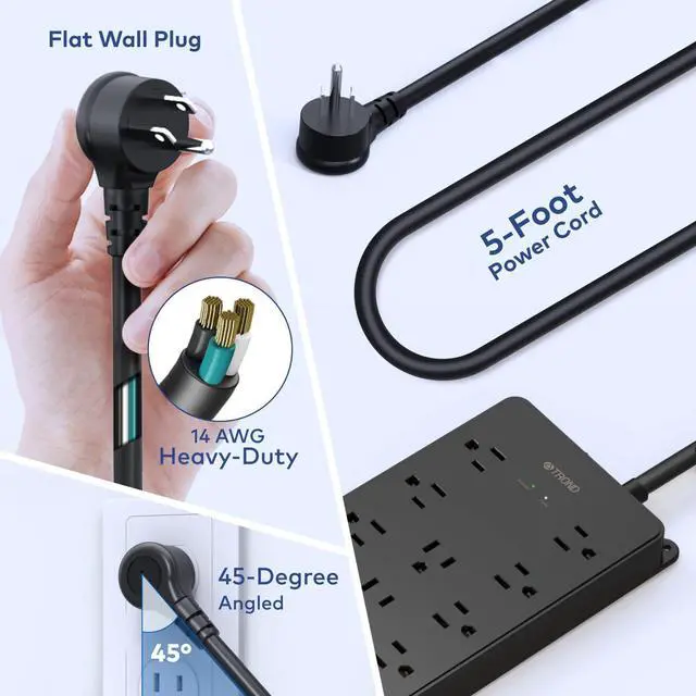 Alt view image 6 of 7 - 4000J Power Strip Surge Protector, ETL Listed, Good Product Outlet 13 Widely-Spaced Outlets Expansion with 4 USB Ports, Low-Profile Flat Plug, Wall Mountable, 5ft Extension Cord, 14AWG Heavy Duty, Bl