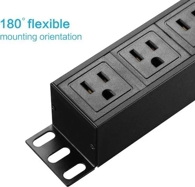 Alt view image 4 of 6 - KMC 8-Outlet Metal Power Strip Surge Protector, Rack Mount PDU, Metal Mounting Brackets, 6 Foot Extension Cord, 1800 Joules, 125V/15A, Black
