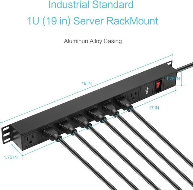 Alt view image 5 of 6 - KMC 8-Outlet Metal Power Strip Surge Protector, Rack Mount PDU, Metal Mounting Brackets, 6 Foot Extension Cord, 1800 Joules, 125V/15A, Black